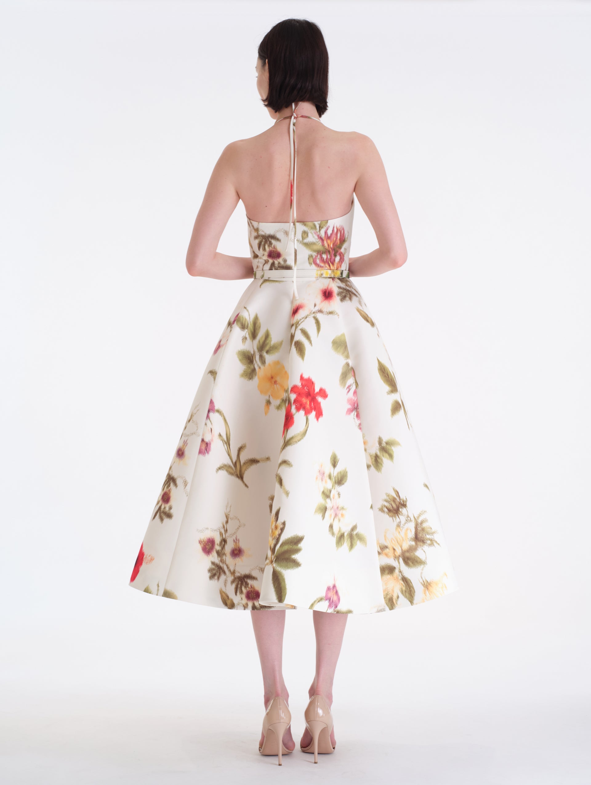 Chiné Dominican Mixed-Floral Faille Midi Dress. V Neck with Halter Straps. Matching belt. Back View.