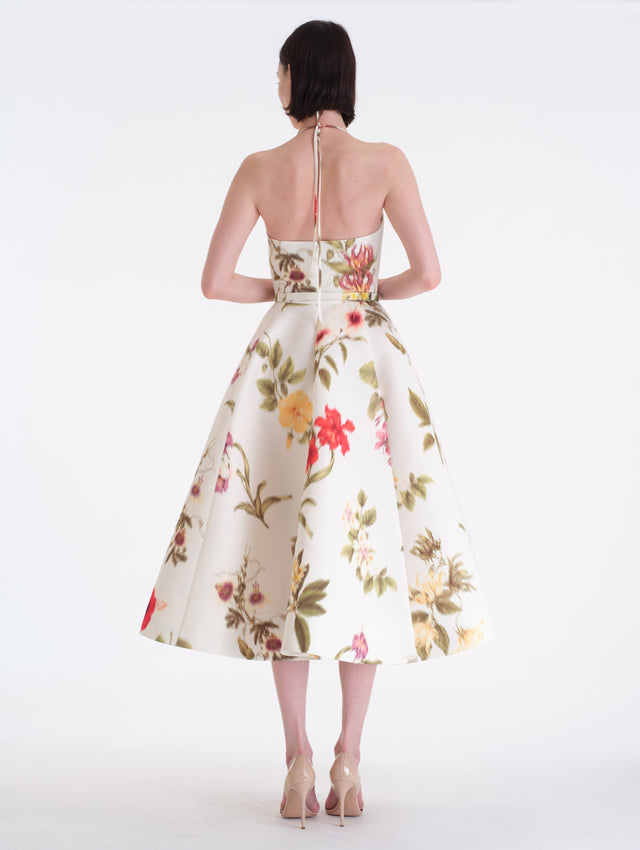 Chiné Dominican Mixed-Floral Faille Midi Dress. V Neck with Halter Straps. Matching belt. Back View.