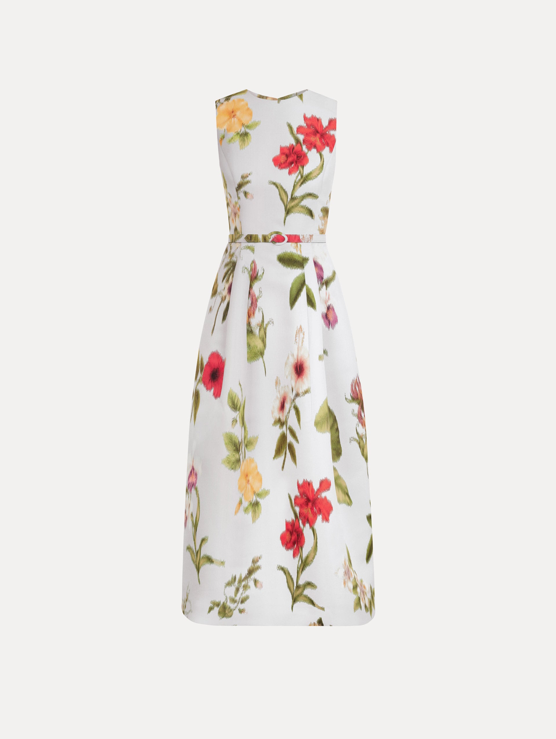 Chiné Dominican Mixed-Floral Faille Dress in Saltwater Multi. Front view.
