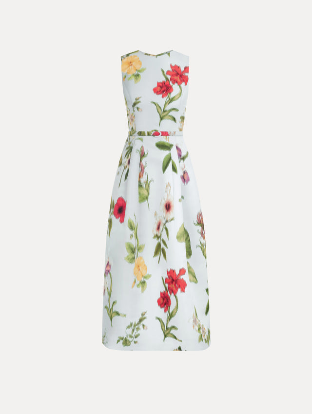 Chiné Dominican Mixed-Floral Faille Dress in Saltwater Multi. Front view.