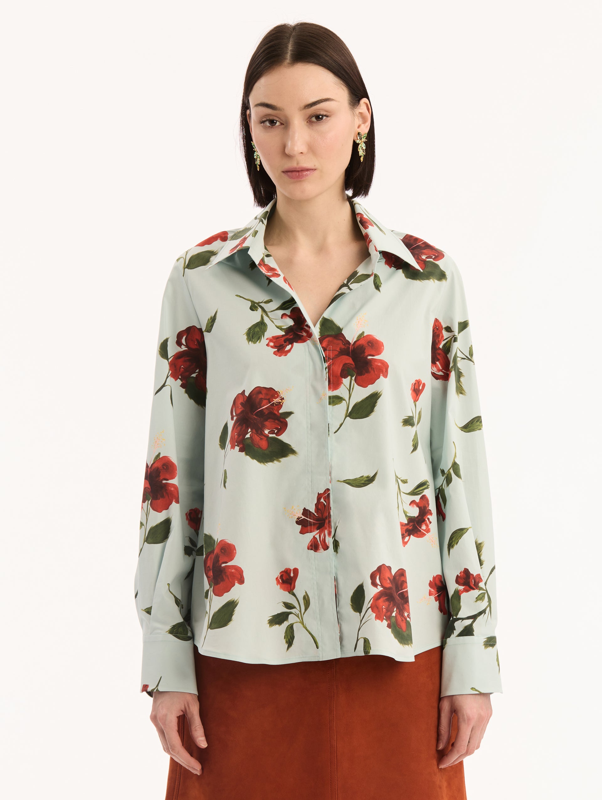 Cotton Poplin Button Up Blouse in Saltwater with Red Hibiscus Print. Front View.