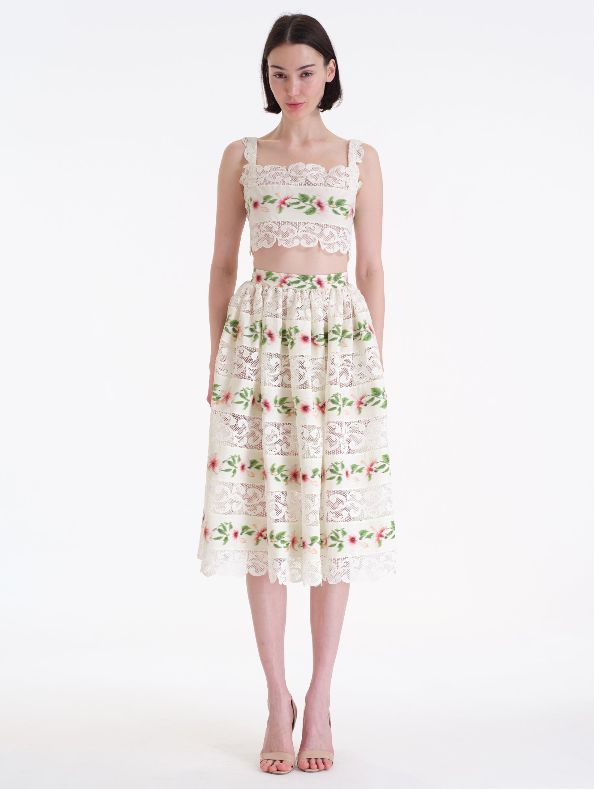 Cropped Ivory Cotton Poplin Square Neck  Blouse with Chiné Hibiscus Striped Detail. Front View. 