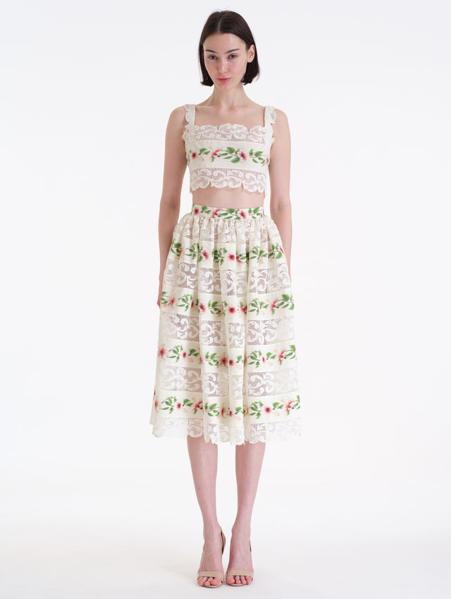 Cropped Ivory Cotton Poplin Square Neck  Blouse with Chiné Hibiscus Striped Detail. Front View. 