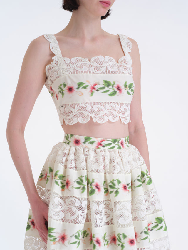 Cropped Ivory Cotton Poplin Square Neck  Blouse with Chiné Hibiscus Striped Detail. Side View. 