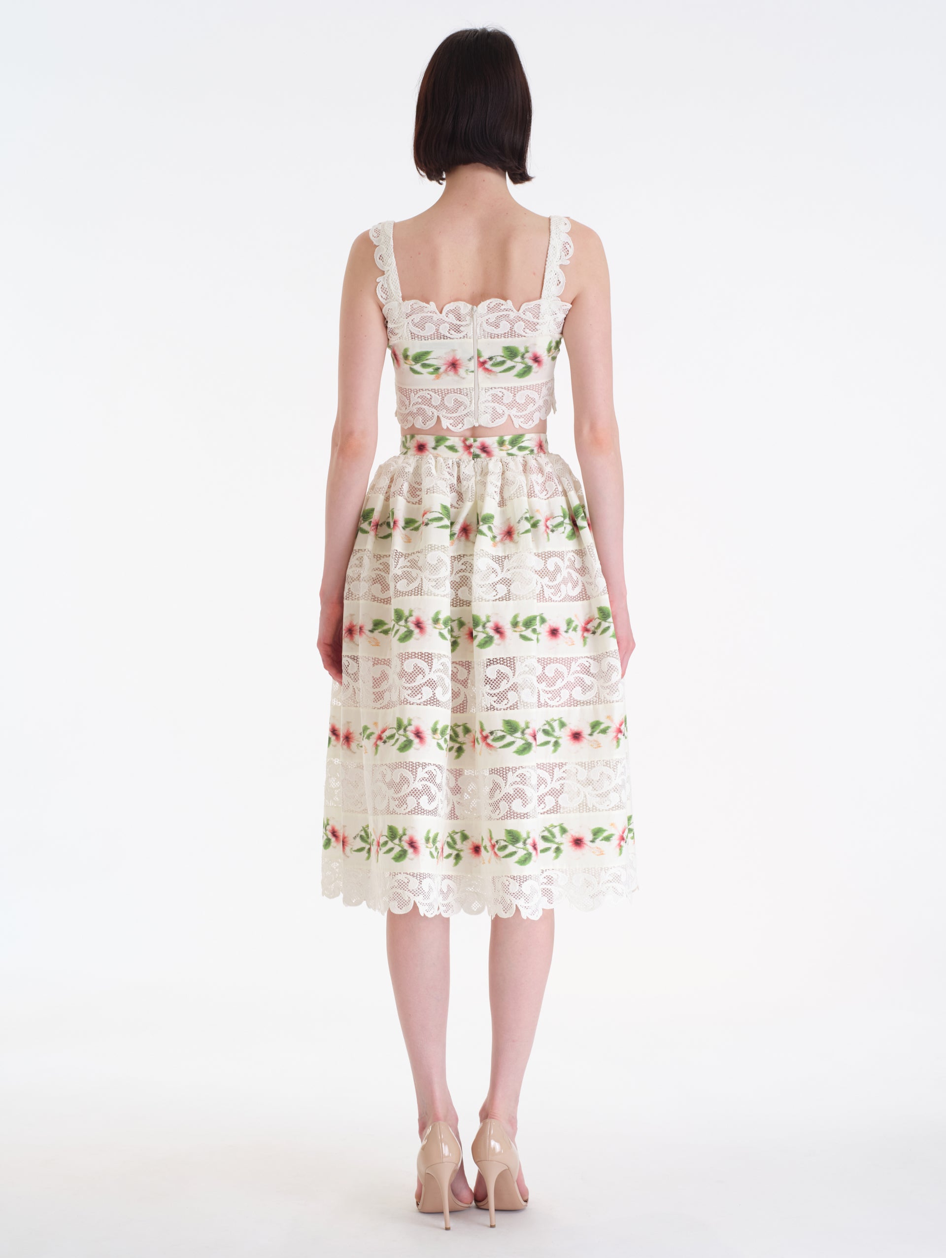 Cropped Ivory Cotton Poplin Square Neck  Blouse with Chiné Hibiscus Striped Detail. Back View. 