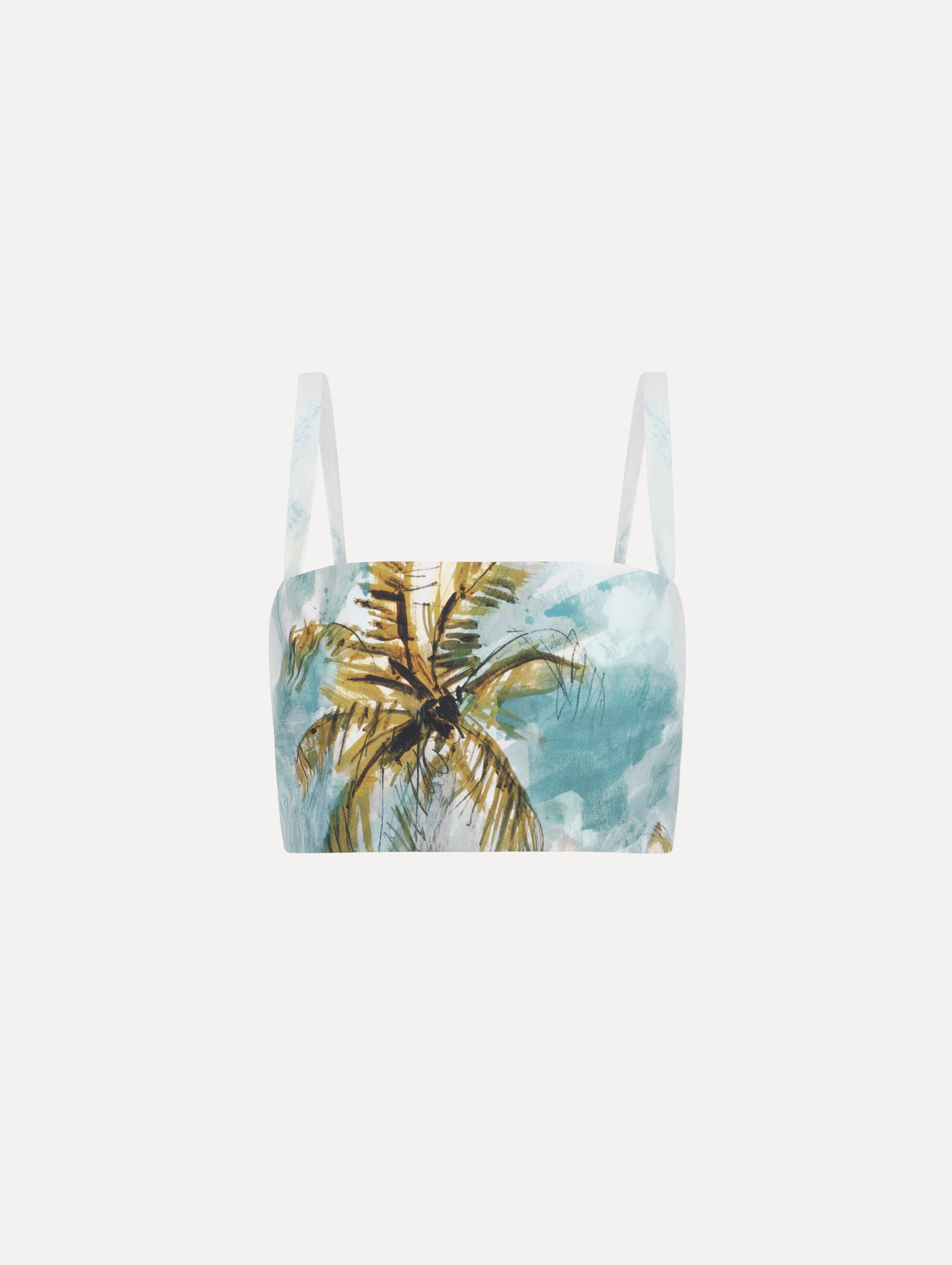 Dominican Landscape Cotton Poplin Cropped Blouse in Blue Green Multi. Front View.