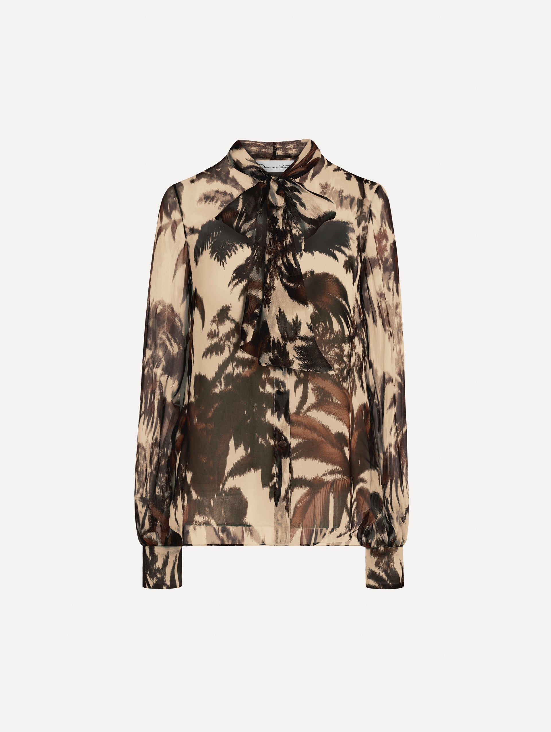 Chiné Palm Leaves Chiffon Blouse in espresso and ivory. front view.