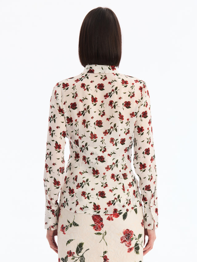 Long Sleeve White and Red Hibiscus Silk Blouse with Tied Neck. Back View. 