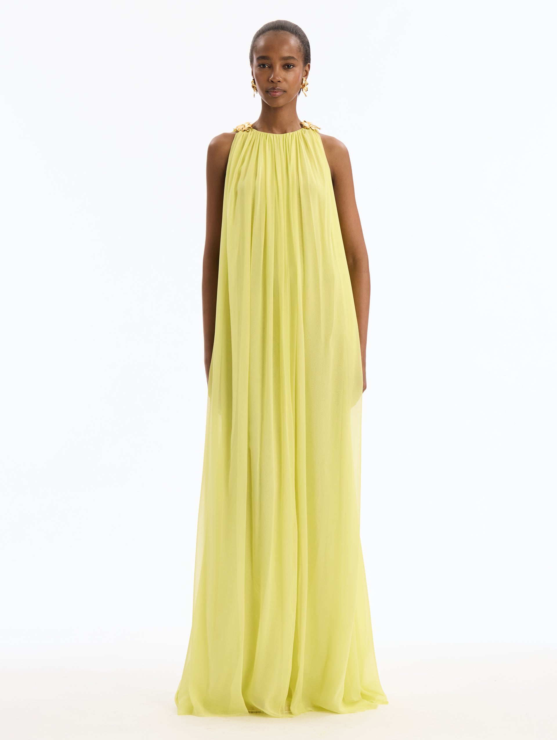 Yellow Silk Chiffon Caftan with Gold Hibiscus Shoulder Detail. Front View.