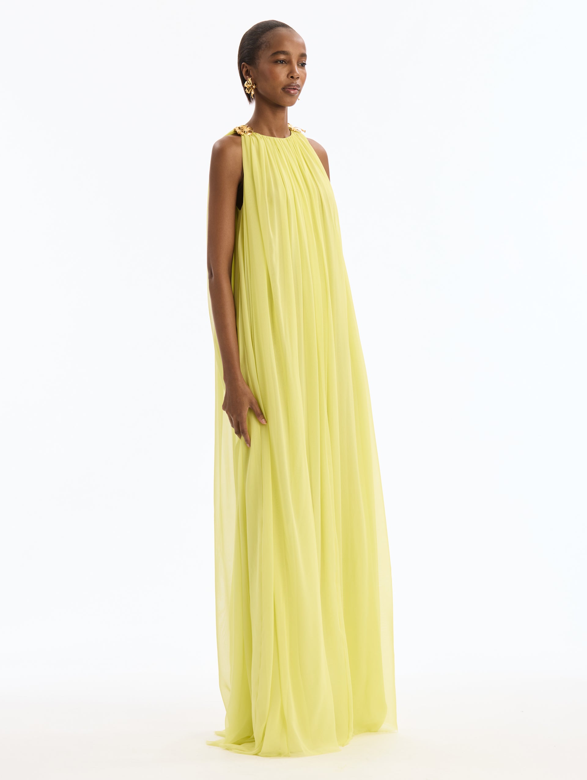 Yellow Silk Chiffon Caftan with Gold Hibiscus Shoulder Detail. Side View.