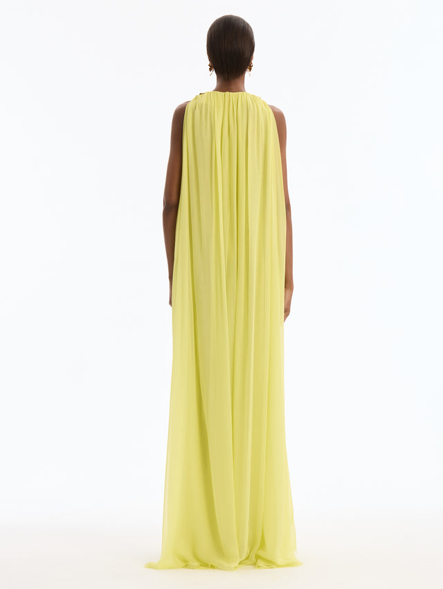 Yellow Silk Chiffon Caftan with Gold Hibiscus Shoulder Detail. Back View.