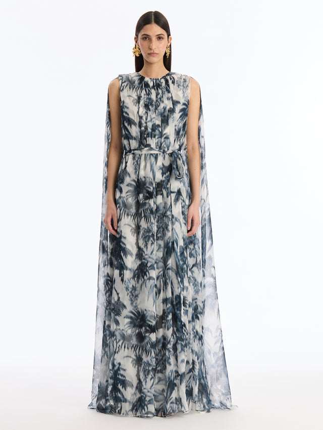 Navy and White Silk Caped Caftan with Chiné Palm Leaves. Front View.