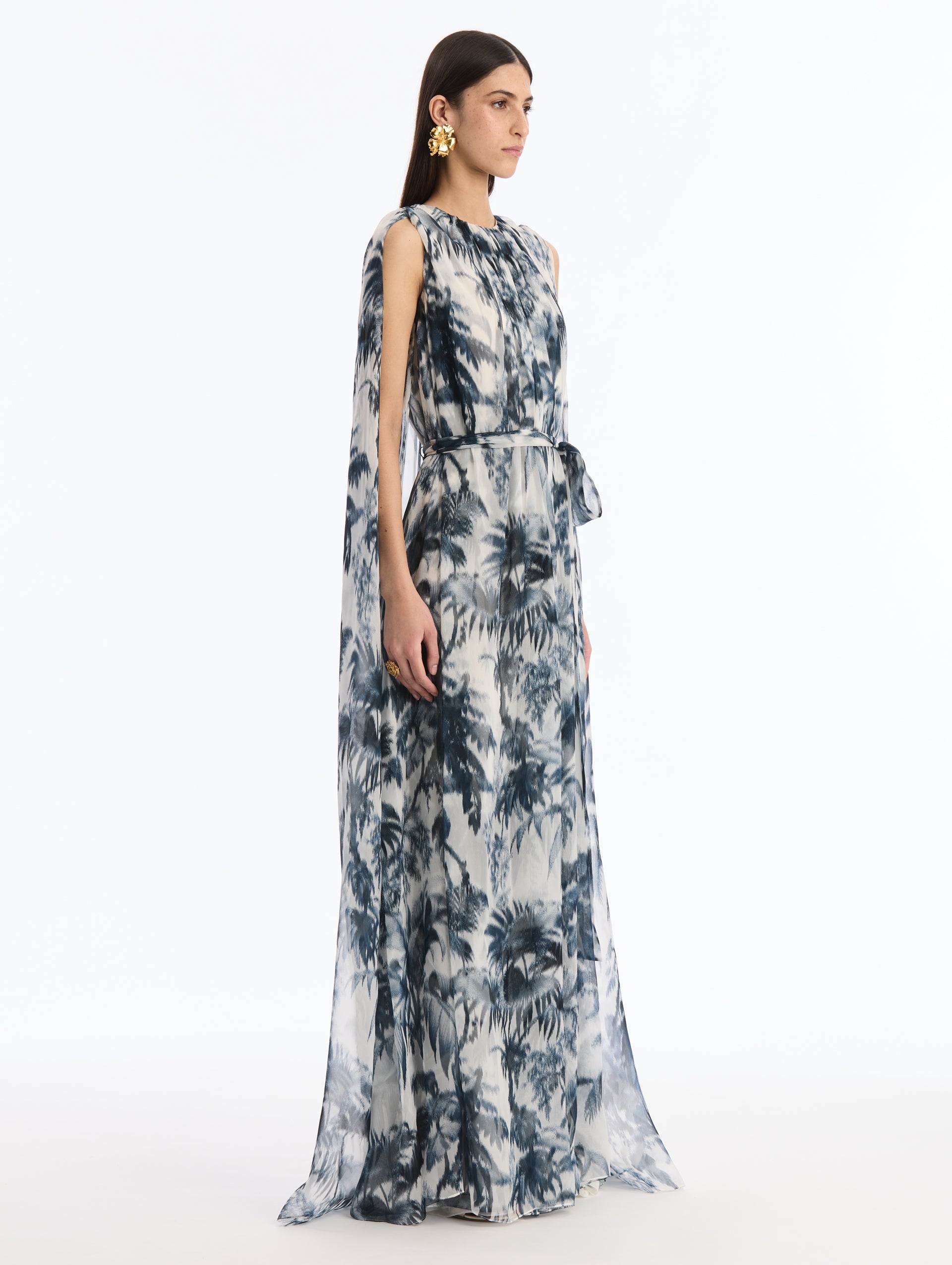 Navy and White Silk Caped Caftan with Chiné Palm Leaves. Side View.