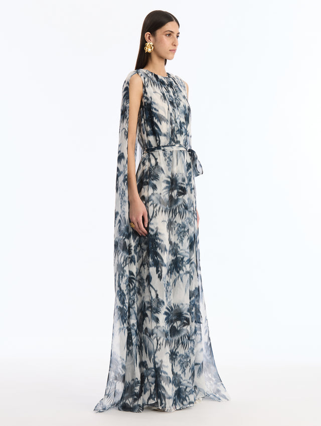 Navy and White Silk Caped Caftan with Chiné Palm Leaves. Side View.