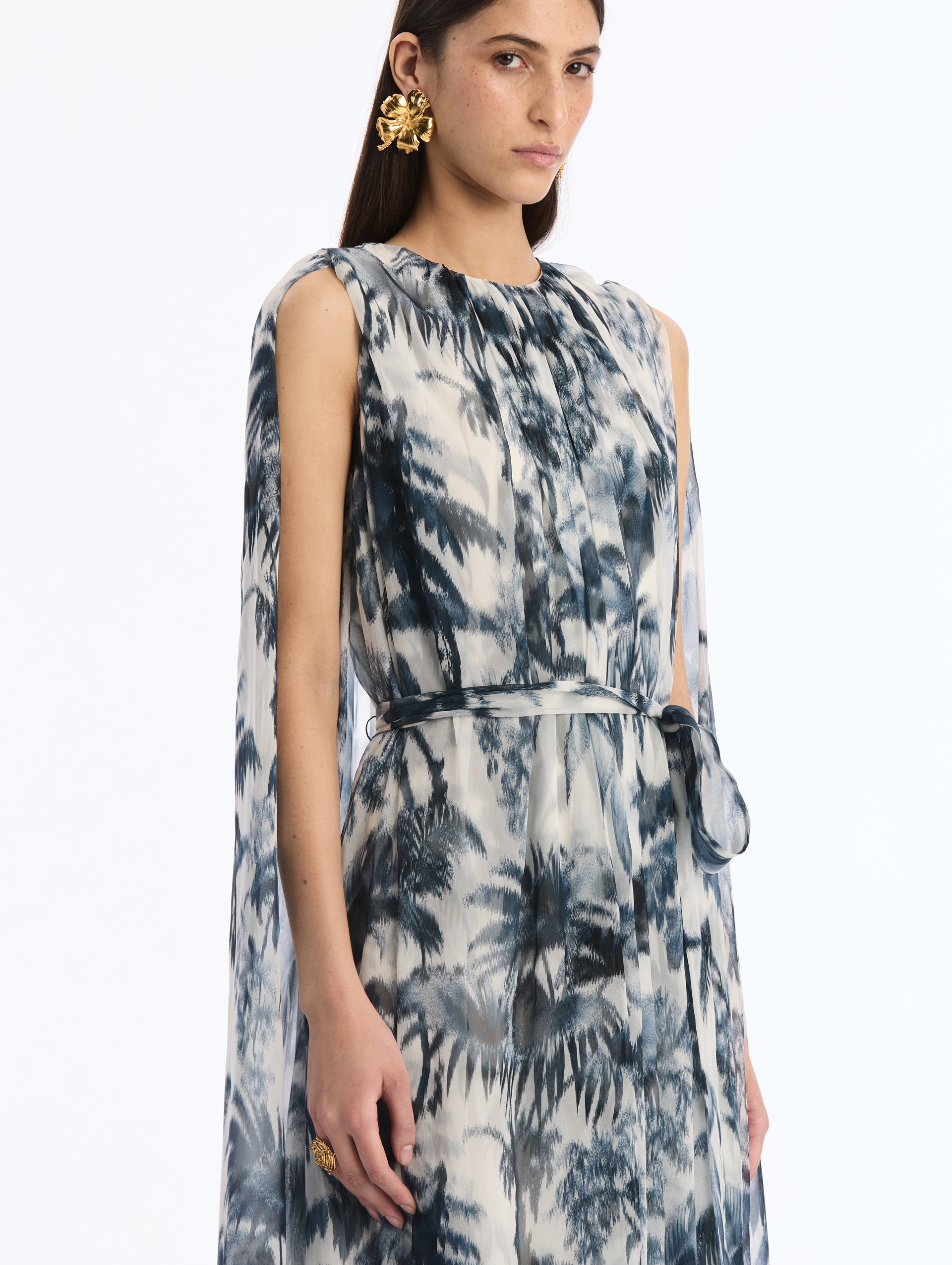 Navy and White Silk Caped Caftan with Chiné Palm Leaves. Close Up Side View.