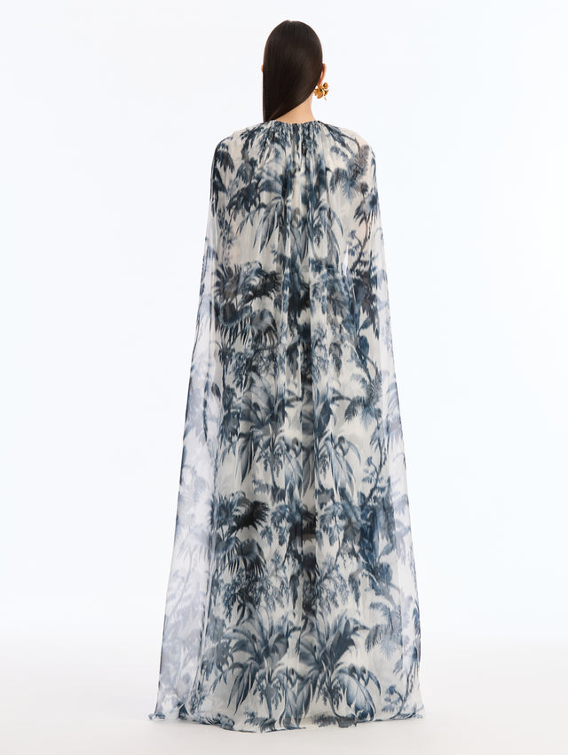 Navy and White Silk Caped Caftan with Chiné Palm Leaves. Back View.