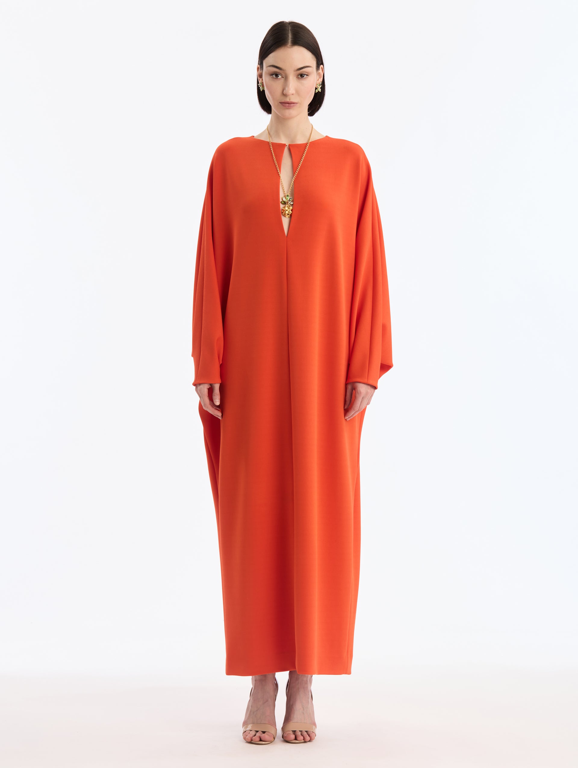 Paprika Center-Slit Neckline Caftan. Ankle Length. Long Sleeve. Front View.