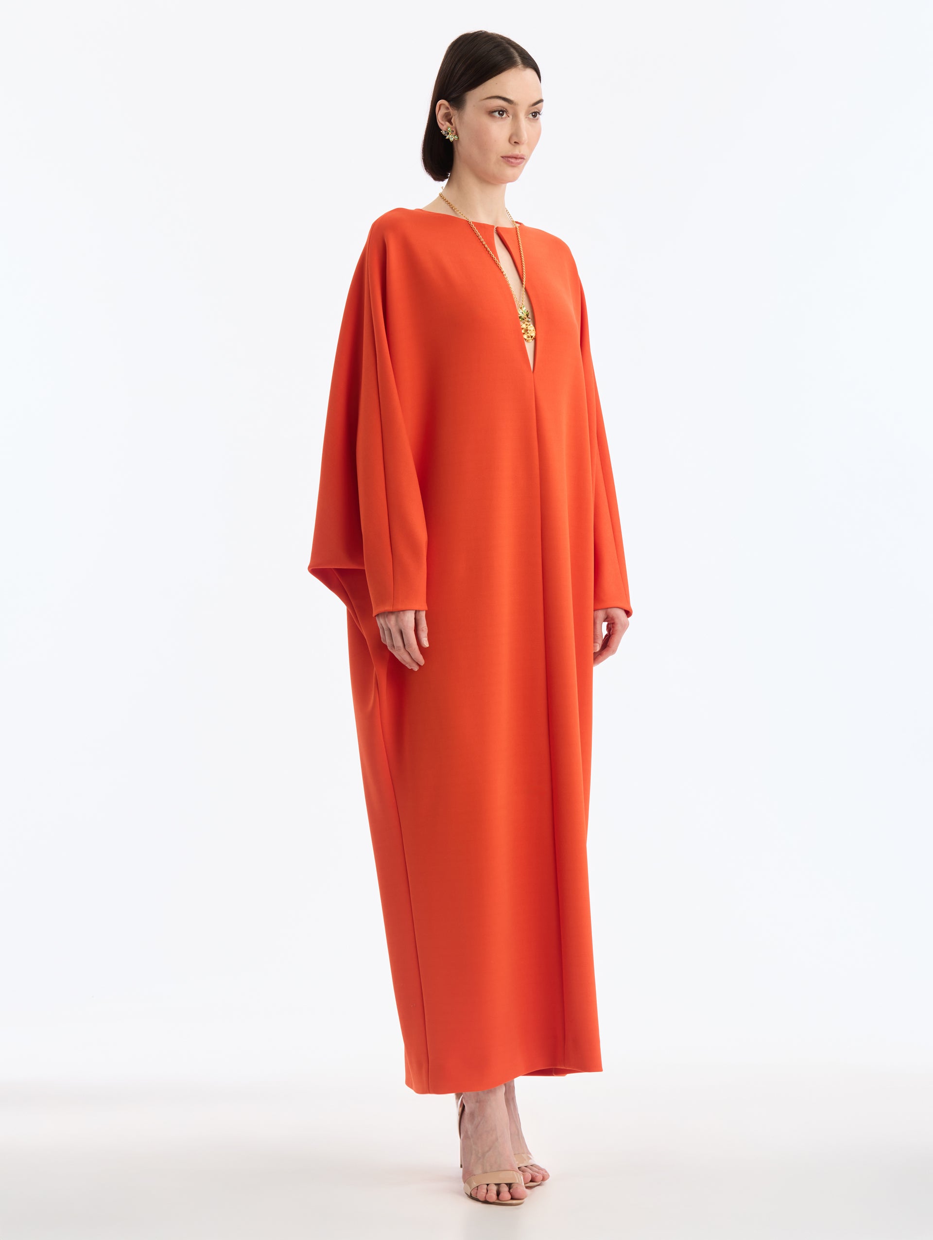 Paprika Center-Slit Neckline Caftan. Ankle Length. Long Sleeve. Side View.
