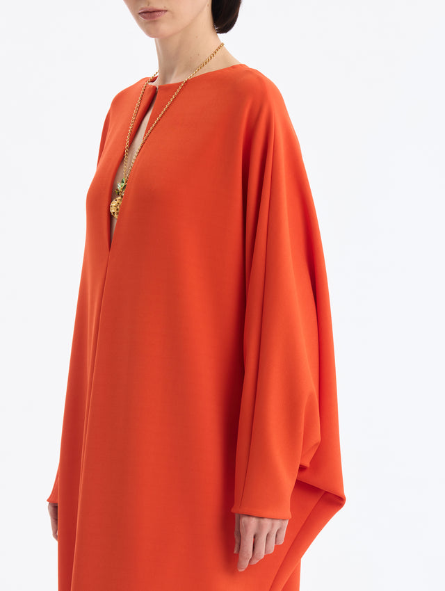 Paprika Center-Slit Neckline Caftan. Ankle Length. Long Sleeve. Close Up Side View.