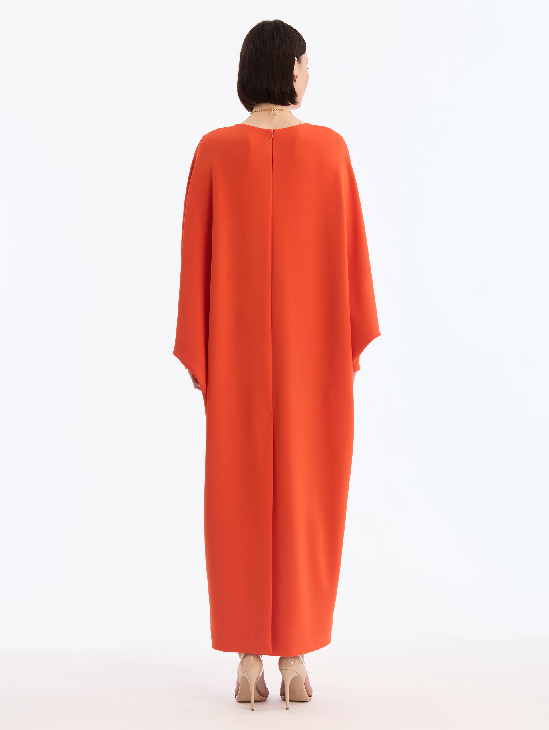 Paprika Center-Slit Neckline Caftan. Ankle Length. Long Sleeve. Back View.