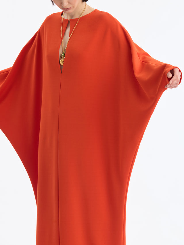 Paprika Center-Slit Neckline Caftan. Ankle Length. Long Sleeve. Close Up Side View.