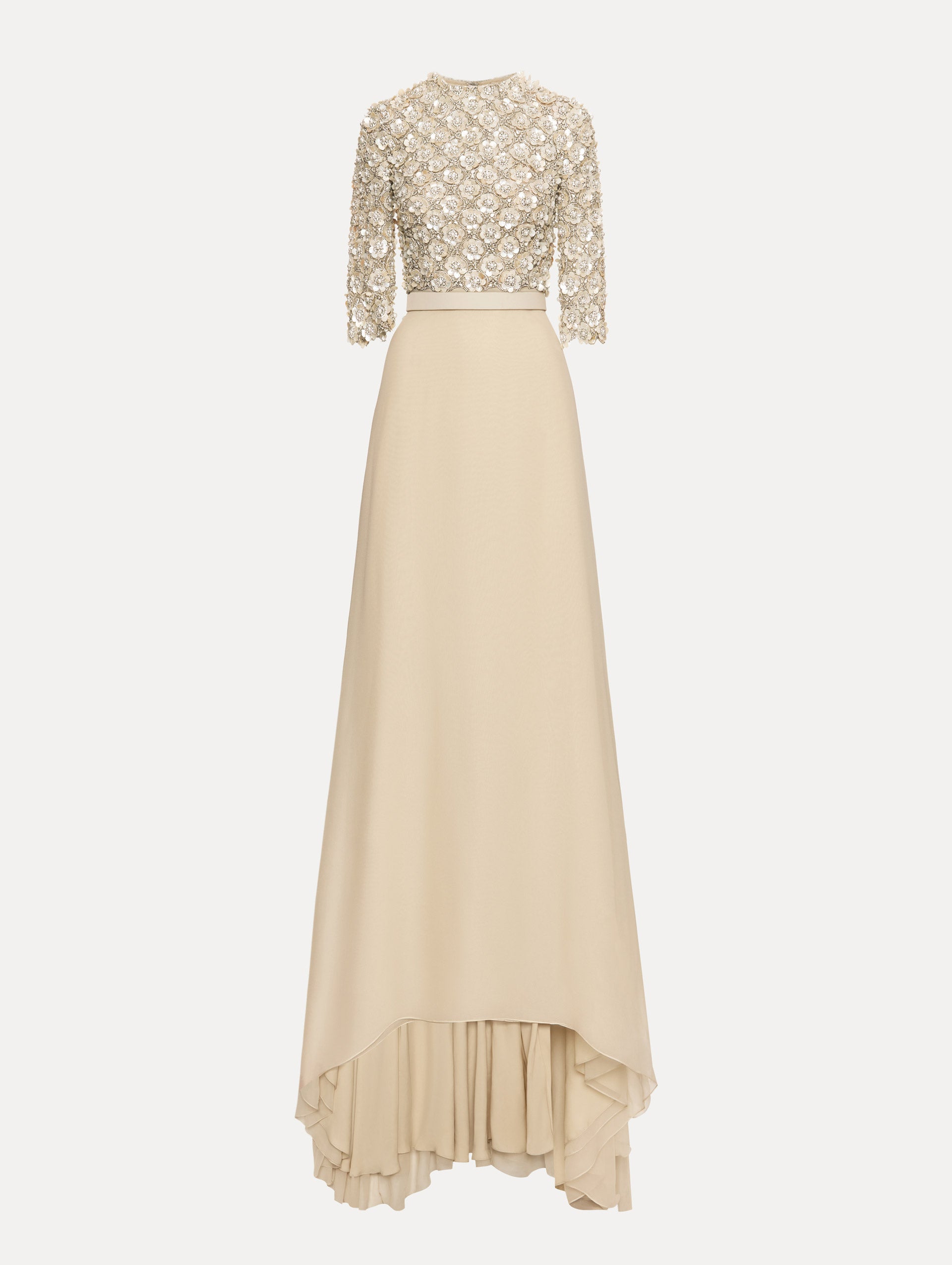 Bone Mother of Pearl Embroidered Gown with long, belted skirt and long sleeve embroidered bodice.