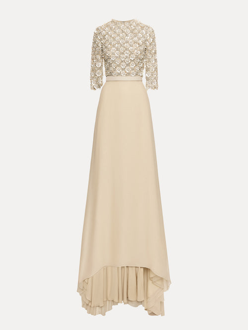 Bone Mother of Pearl Embroidered Gown with long, belted skirt and long sleeve embroidered bodice.