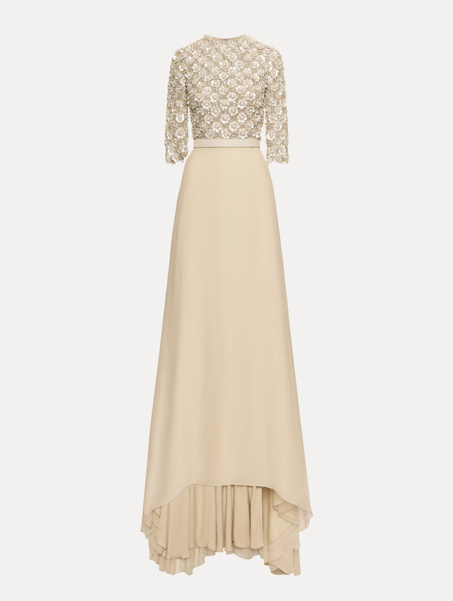 Bone Mother of Pearl Embroidered Gown with long, belted skirt and long sleeve embroidered bodice.