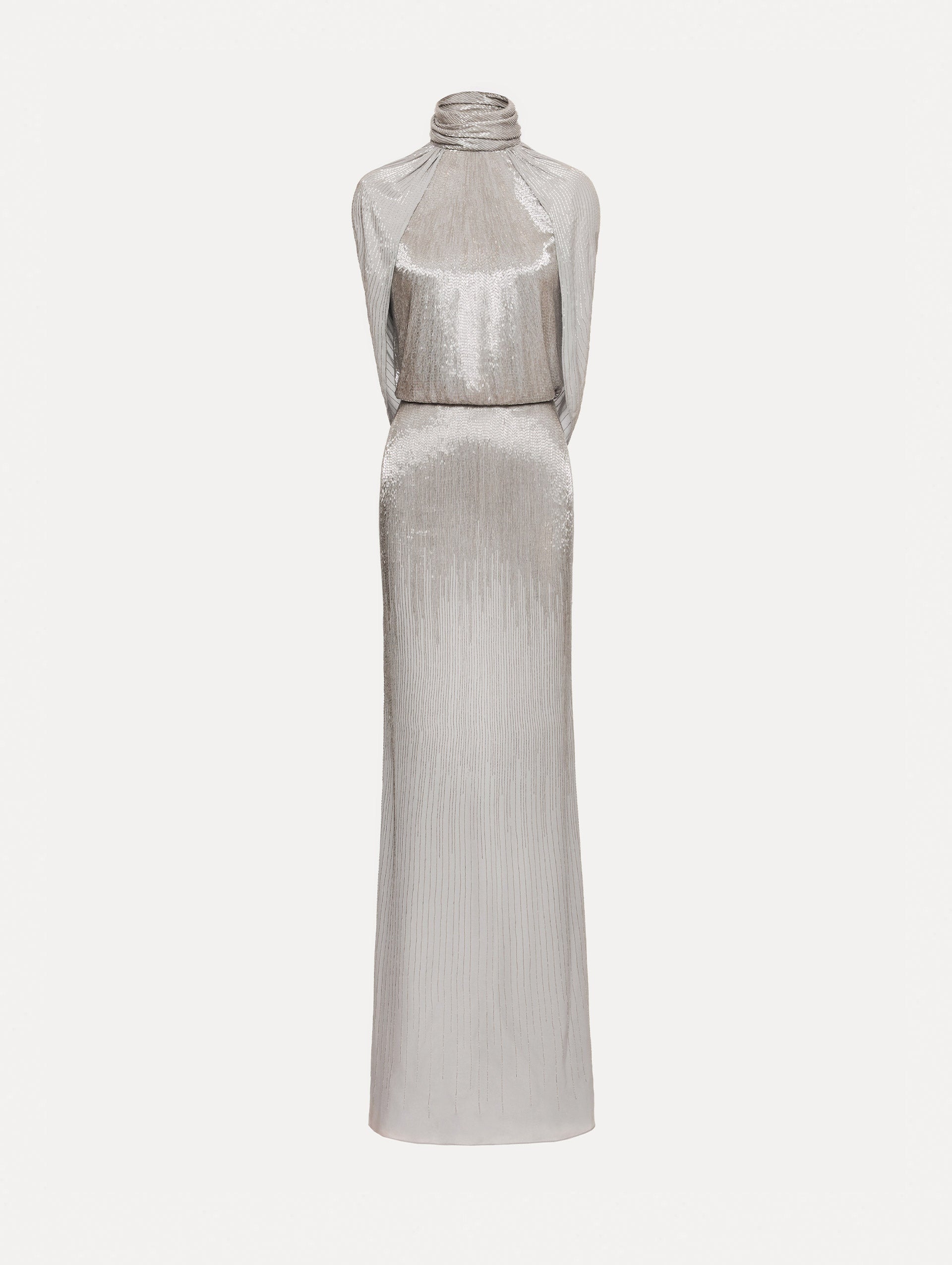 Silver Bugle Bead Lamé Draped Gown with a high neckline, draped cape sleeves, and metallic finish.