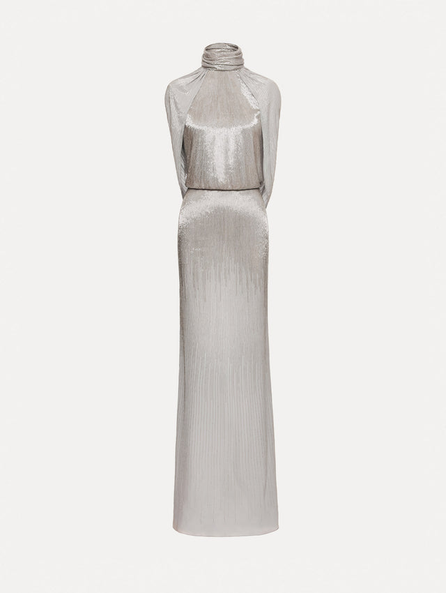 Silver Bugle Bead Lamé Draped Gown with a high neckline, draped cape sleeves, and metallic finish.