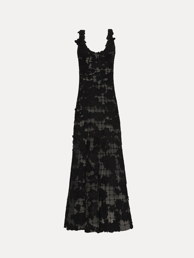 Black Floral Cutout Threadwork Gown with semi sheer floral pattern and flared floor length hem line. Front View.