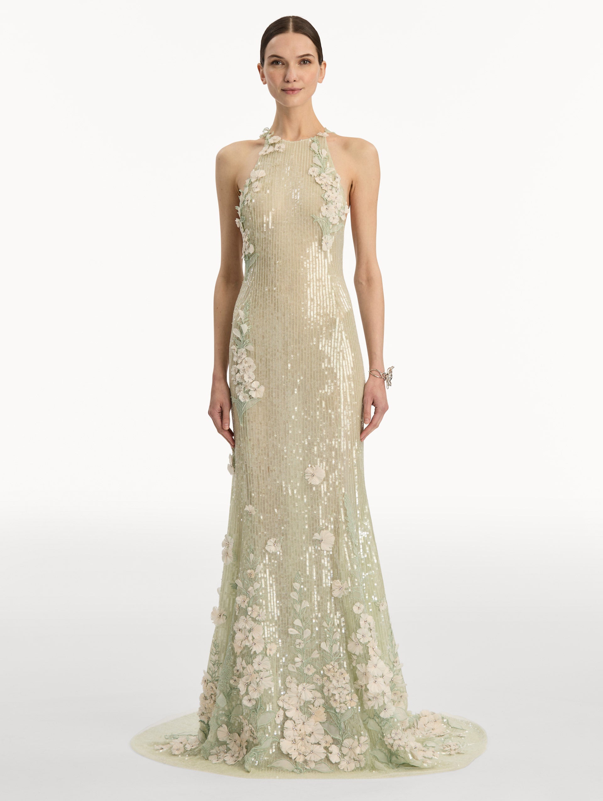 Light green ombre Foxglove Embroidered Sequin Tulle Gown with high sleeveless neckline and floral applique. Front View.