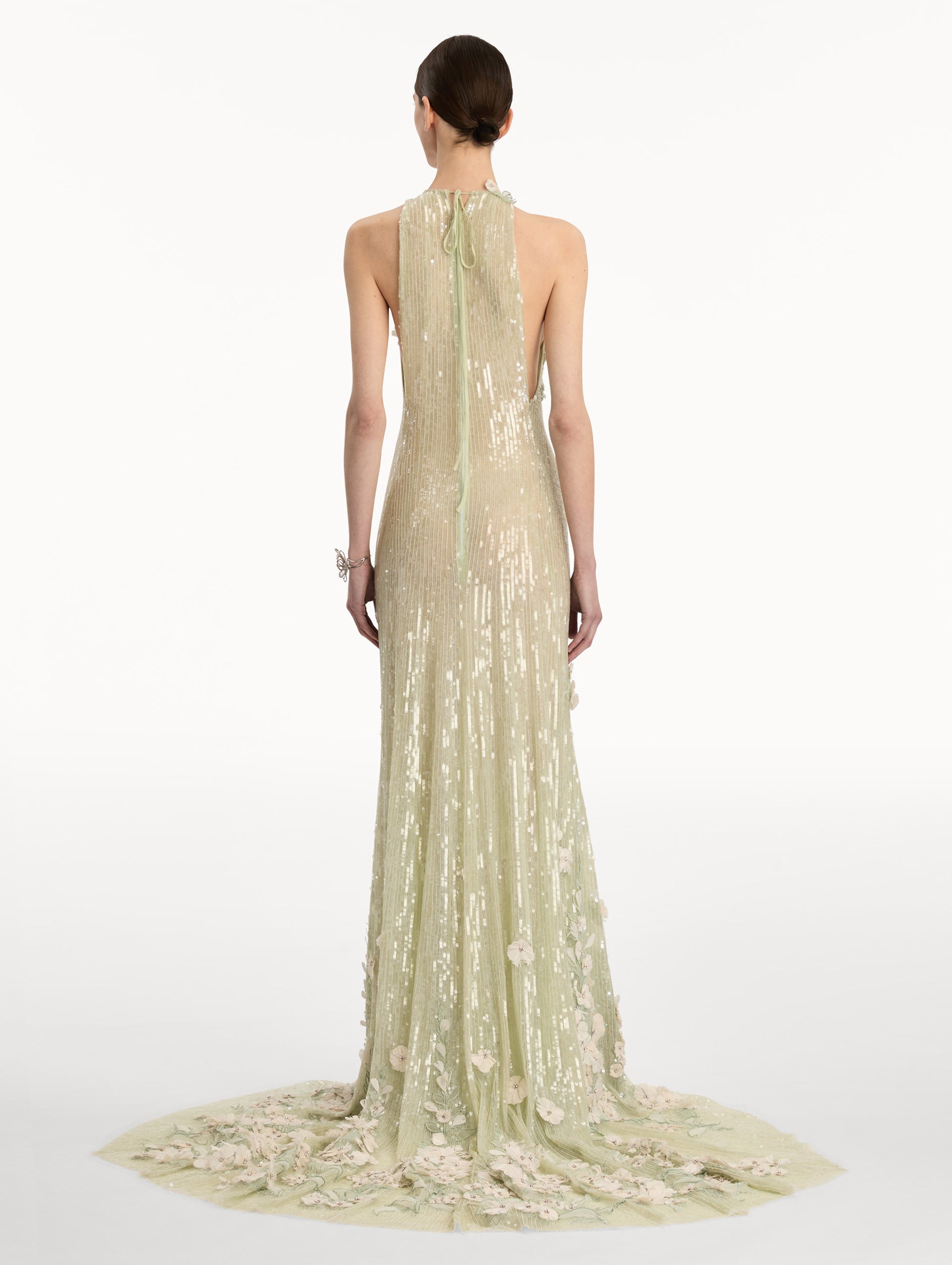 Light green ombre Foxglove Embroidered Sequin Tulle Gown with high sleeveless neckline and floral applique. Back View.