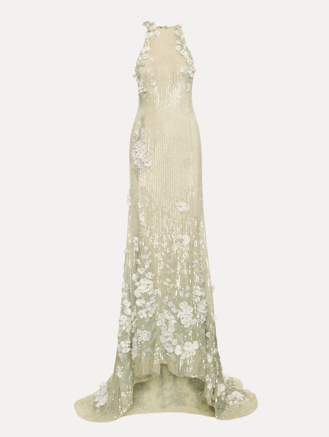 Light green ombre Foxglove Embroidered Sequin Tulle Gown with high sleeveless neckline and floral applique. 