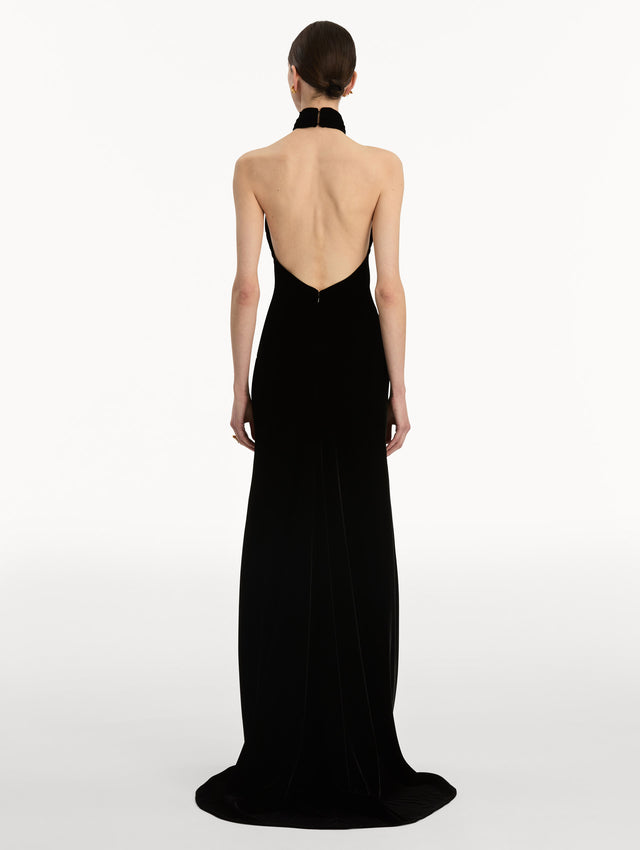 Black Gold Leaf Embroidered Velvet Gown with a wrap halter neckline and keyhole. Back View.