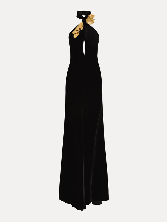 Black Gold Leaf Embroidered Velvet Gown with a wrap halter neckline and keyhole.