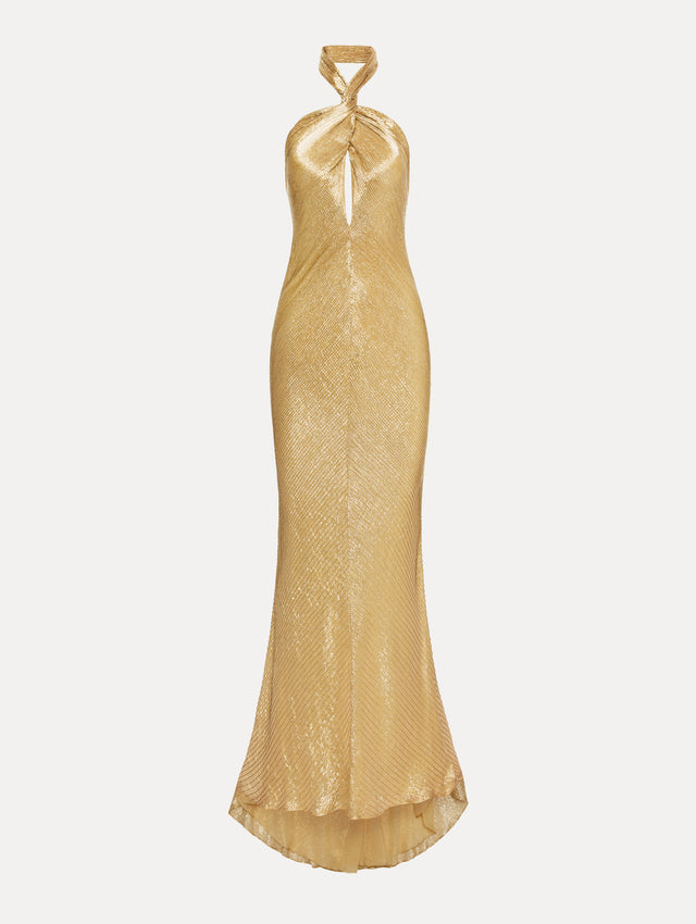 Gold Bugle Bead Lamé Gown with halter neck and key hole. 