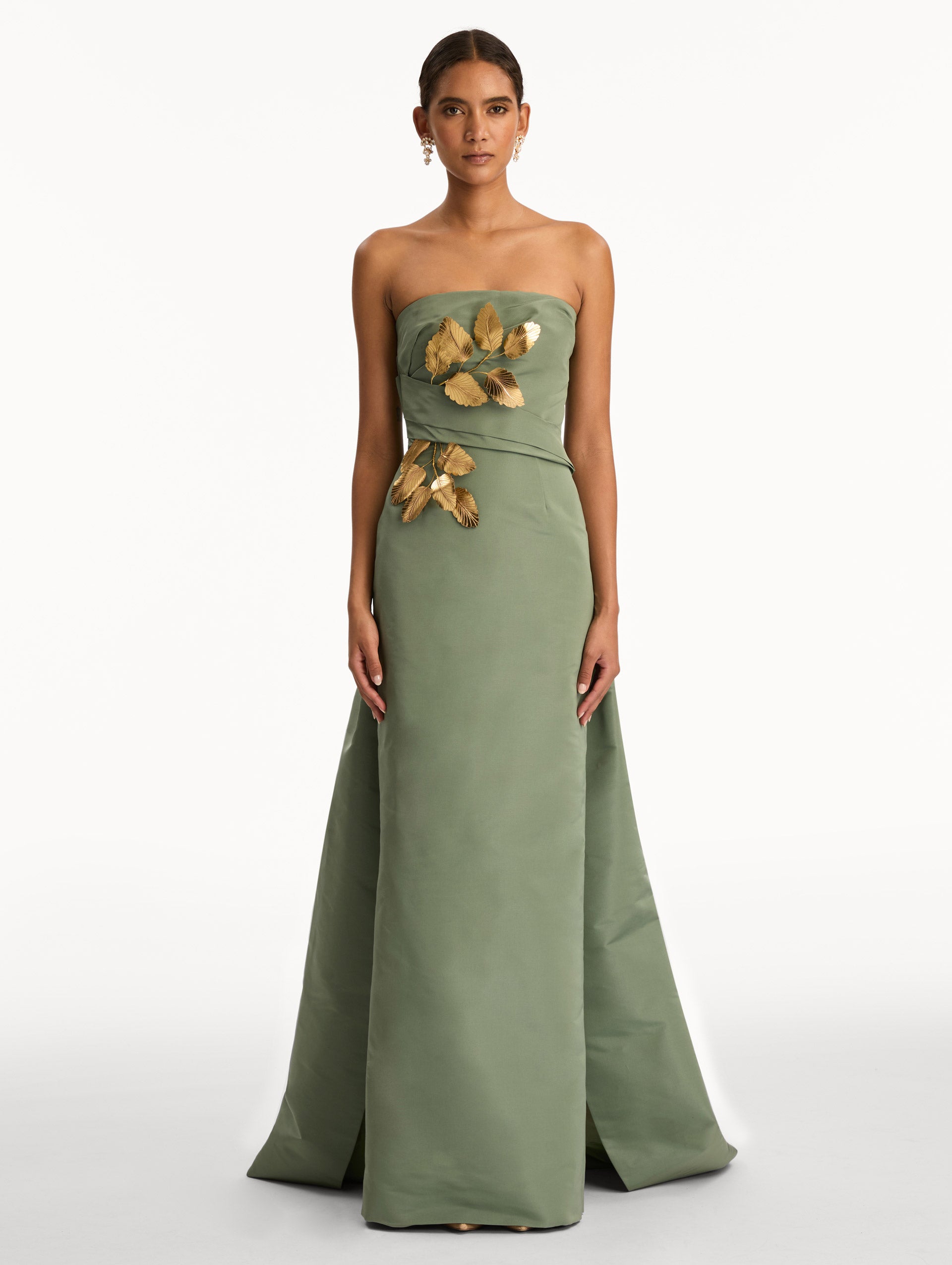 Green Gold Leaf Embroidered Faille Gown with strapless neckline and wrapped bodice. Front View.