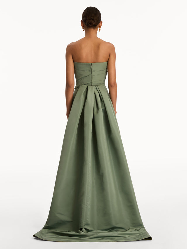 Green Gold Leaf Embroidered Faille Gown with strapless neckline and wrapped bodice. Back View.