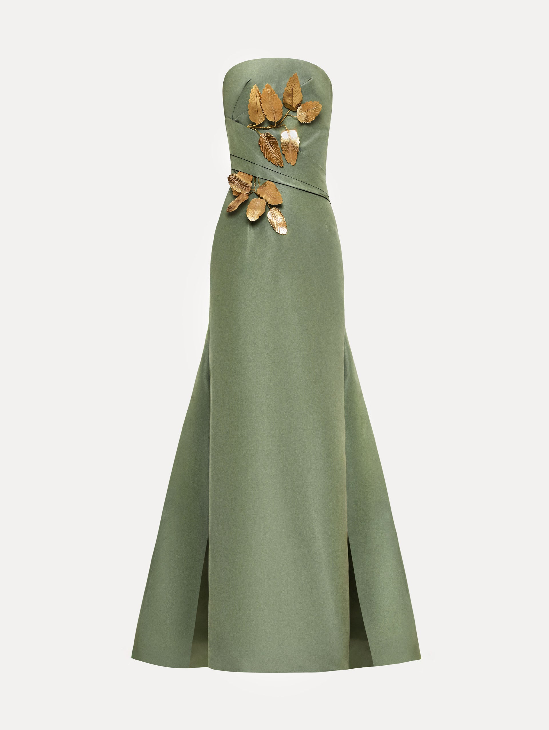 Green Gold Leaf Embroidered Faille Gown with strapless neckline and wrapped bodice.