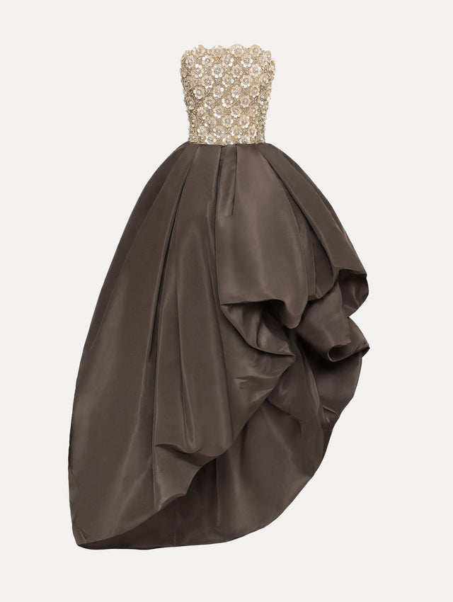 Brown and Beige Mother of Pearl Embroidered High-Low Gown with brown draped skirt and embroidered strapless bodice.