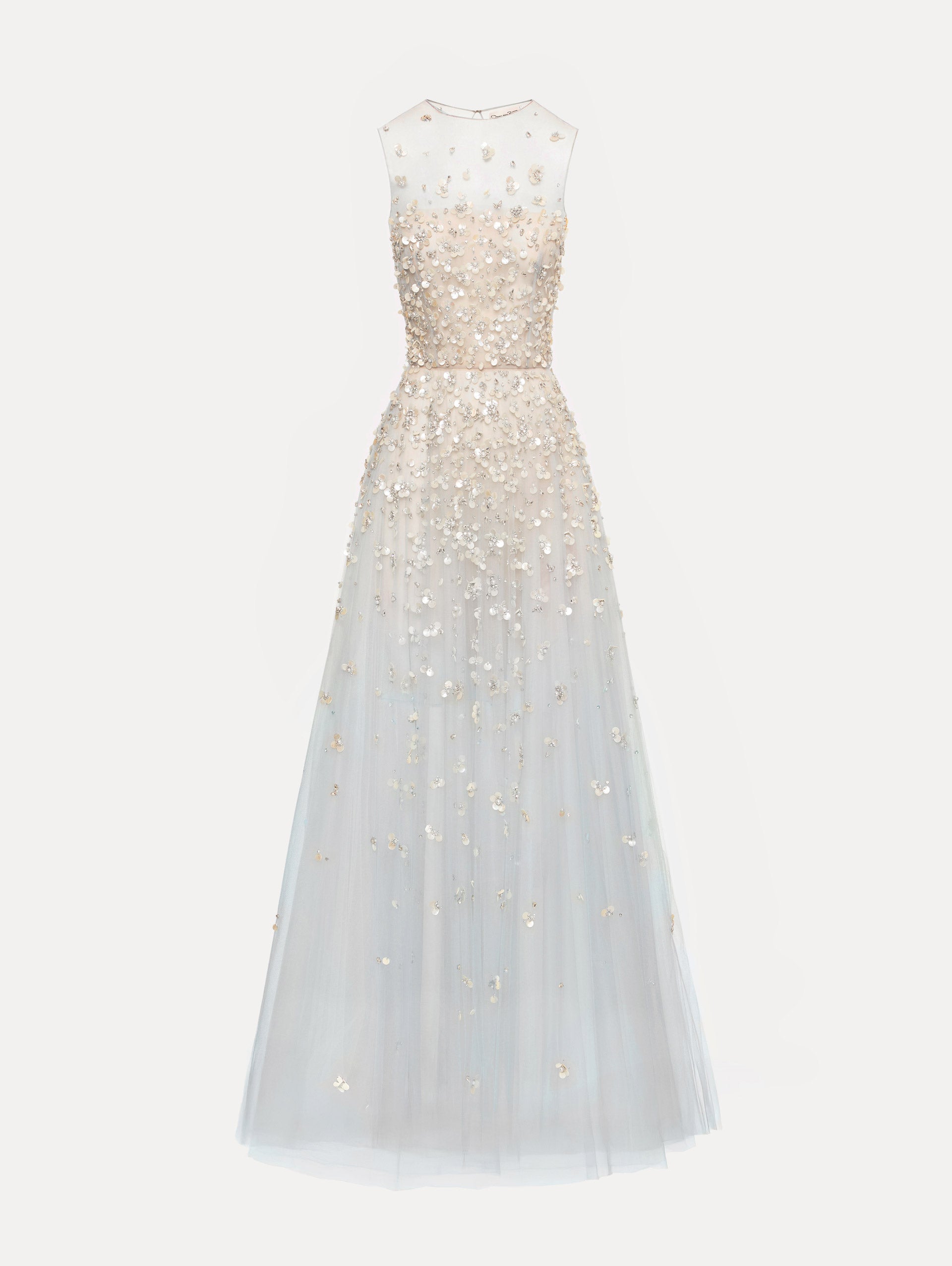 Tan and pale blue Mother of Pearl Embroidered Illusion Gown with flowing embellished skirt and scattered floral appliques.