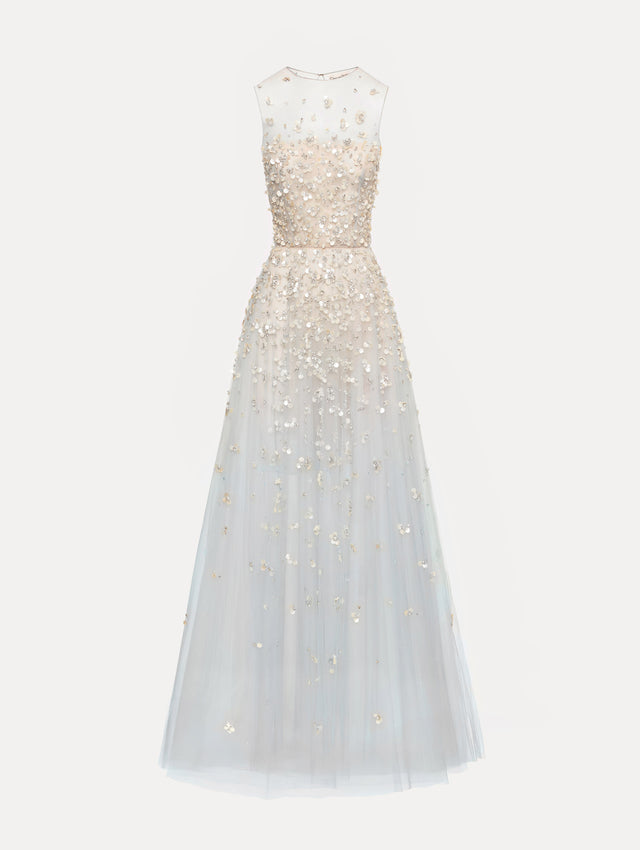 Tan and pale blue Mother of Pearl Embroidered Illusion Gown with flowing embellished skirt and scattered floral appliques.