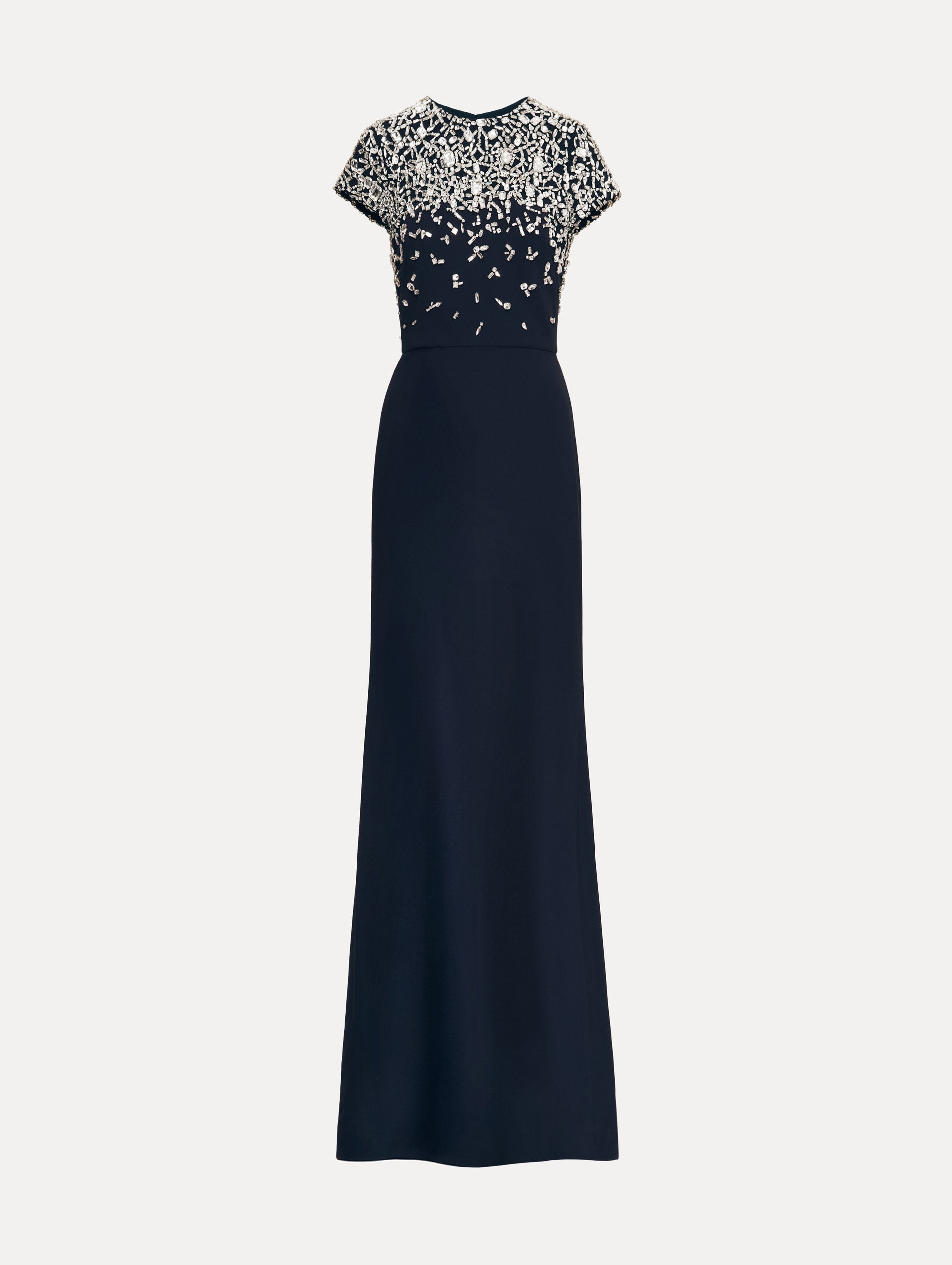 Navy Mosaic Crystal Embroidered Cady Gown with fitted embellished bodice and short sleeves.