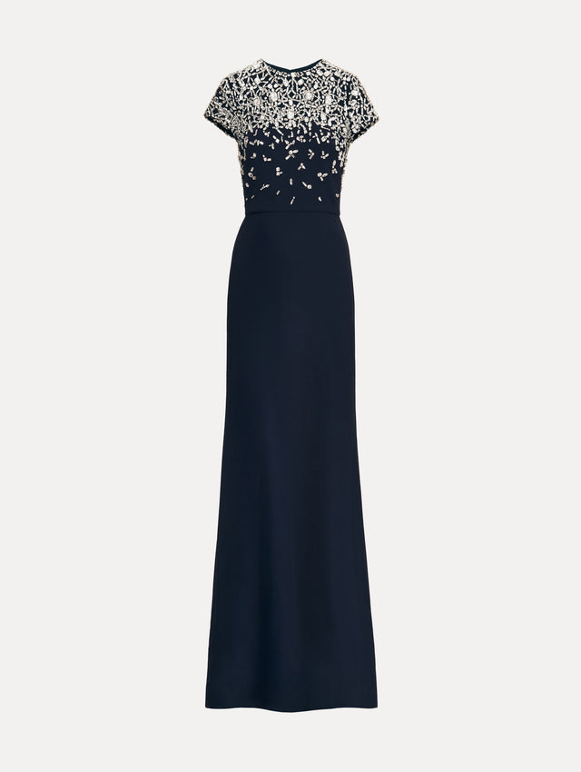 Navy Mosaic Crystal Embroidered Cady Gown with fitted embellished bodice and short sleeves.