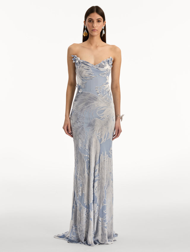 Blue and silver Feather Velvet Devoré Gown with strapless silhouette and a metallic finish. Front View.
