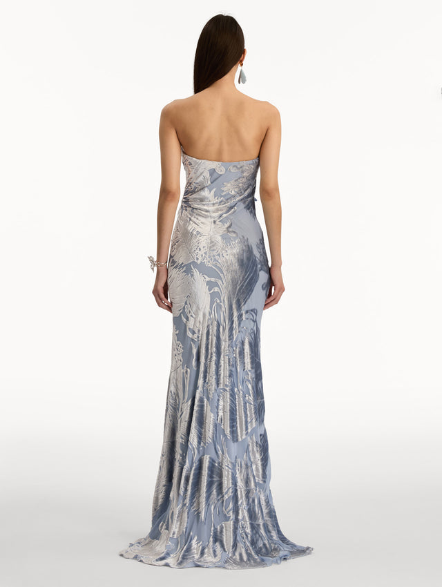 Blue and silver Feather Velvet Devoré Gown with strapless silhouette and a metallic finish. Back View.