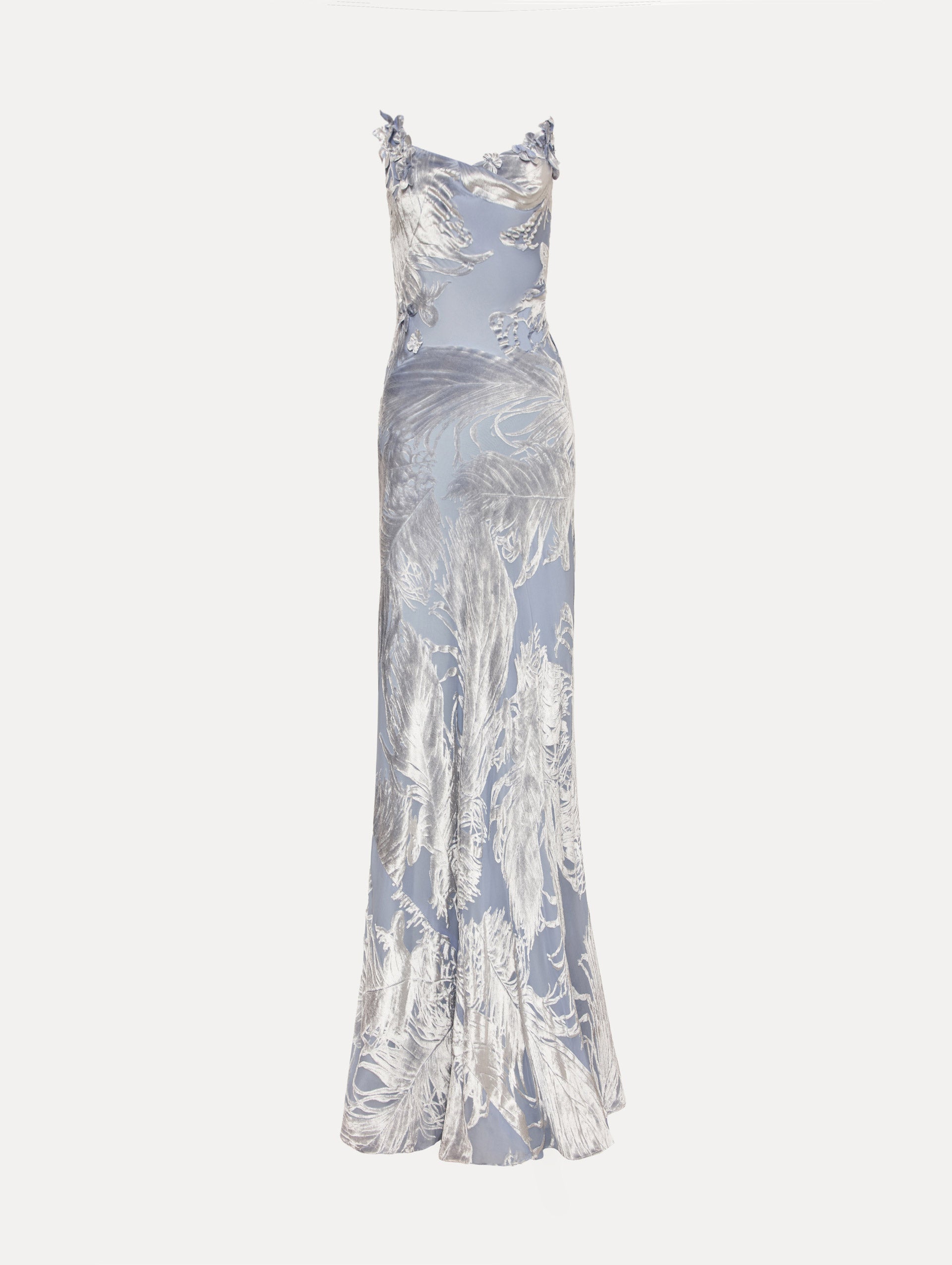 Blue and silver Feather Velvet Devoré Gown with strapless silhouette and a metallic finish.