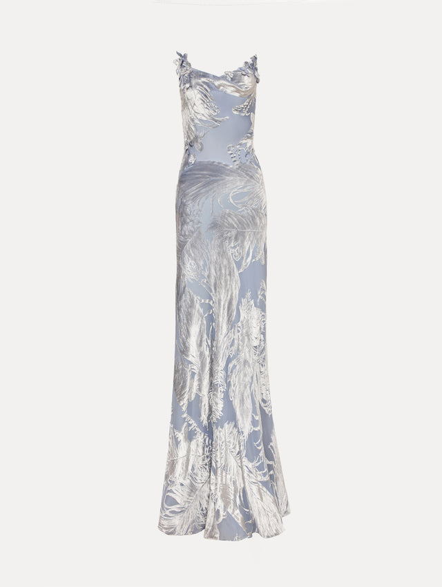 Blue and silver Feather Velvet Devoré Gown with strapless silhouette and a metallic finish.