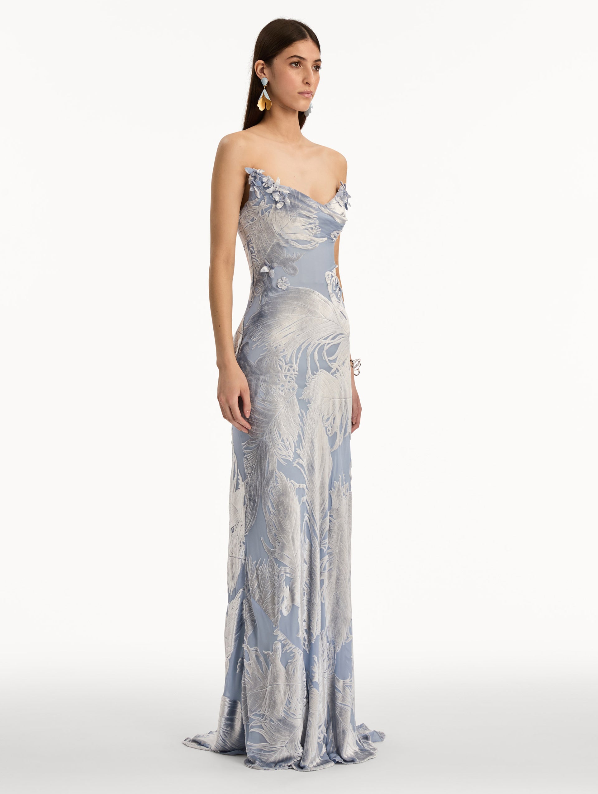 Blue and silver Feather Velvet Devoré Gown with strapless silhouette and a metallic finish. Side View.